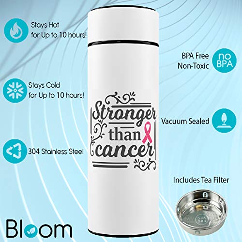 Cancer Gift, Breast Cancer Survivor Gifts for Women 16oz Bottle With Tea Strainer, Insulated Stainless Steel, Coffee Mug, White, Cancer Awareness, Cancer Survivor, Bloomly