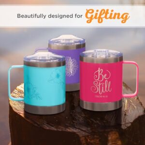 Christian Art Gifts Stainless Steel Double Wall Vacuum Insulated Camp Style Travel Mug 11 oz Floral Teal Coffee Mug with Lid and Handle for Women - Strength and Dignity - Proverbs 31:25