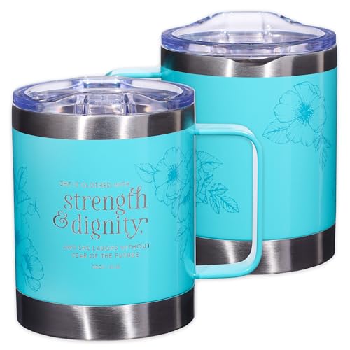 Christian Art Gifts Stainless Steel Double Wall Vacuum Insulated Camp Style Travel Mug 11 oz Floral Teal Coffee Mug with Lid and Handle for Women - Strength and Dignity - Proverbs 31:25