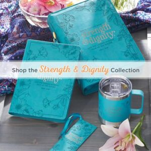 Christian Art Gifts Stainless Steel Double Wall Vacuum Insulated Camp Style Travel Mug 11 oz Floral Teal Coffee Mug with Lid and Handle for Women - Strength and Dignity - Proverbs 31:25