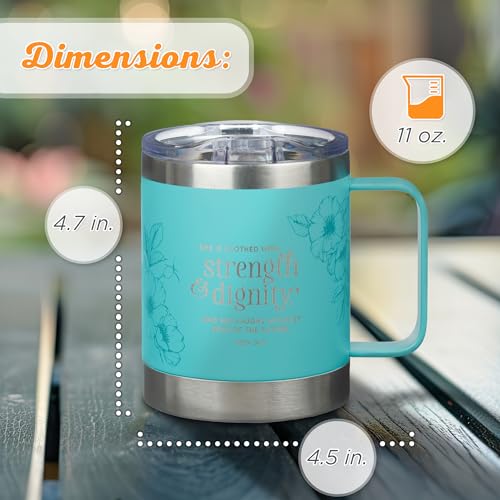 Christian Art Gifts Stainless Steel Double Wall Vacuum Insulated Camp Style Travel Mug 11 oz Floral Teal Coffee Mug with Lid and Handle for Women - Strength and Dignity - Proverbs 31:25