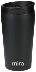 mira 12 oz stainless steel insulated coffee travel mug for coffee, tea - press lid tumbler - vacuum insulated coffee thermos cup keeps hot or cold - black