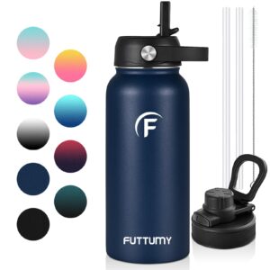 futtumy stainless steel water bottle with straw, 32oz water bottle with spout lid and straw lid, double wall vacuum insulated water bottle, thermal bottle for sports travel school gym (blue gradient)