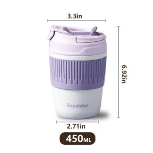 MIUGO Coffee Mug Travel Tumbler with Lid and Straw Reusable Thermos 15oz Vacuum Insulated Stainless Steel Cup 450ml Two Ways to Drink