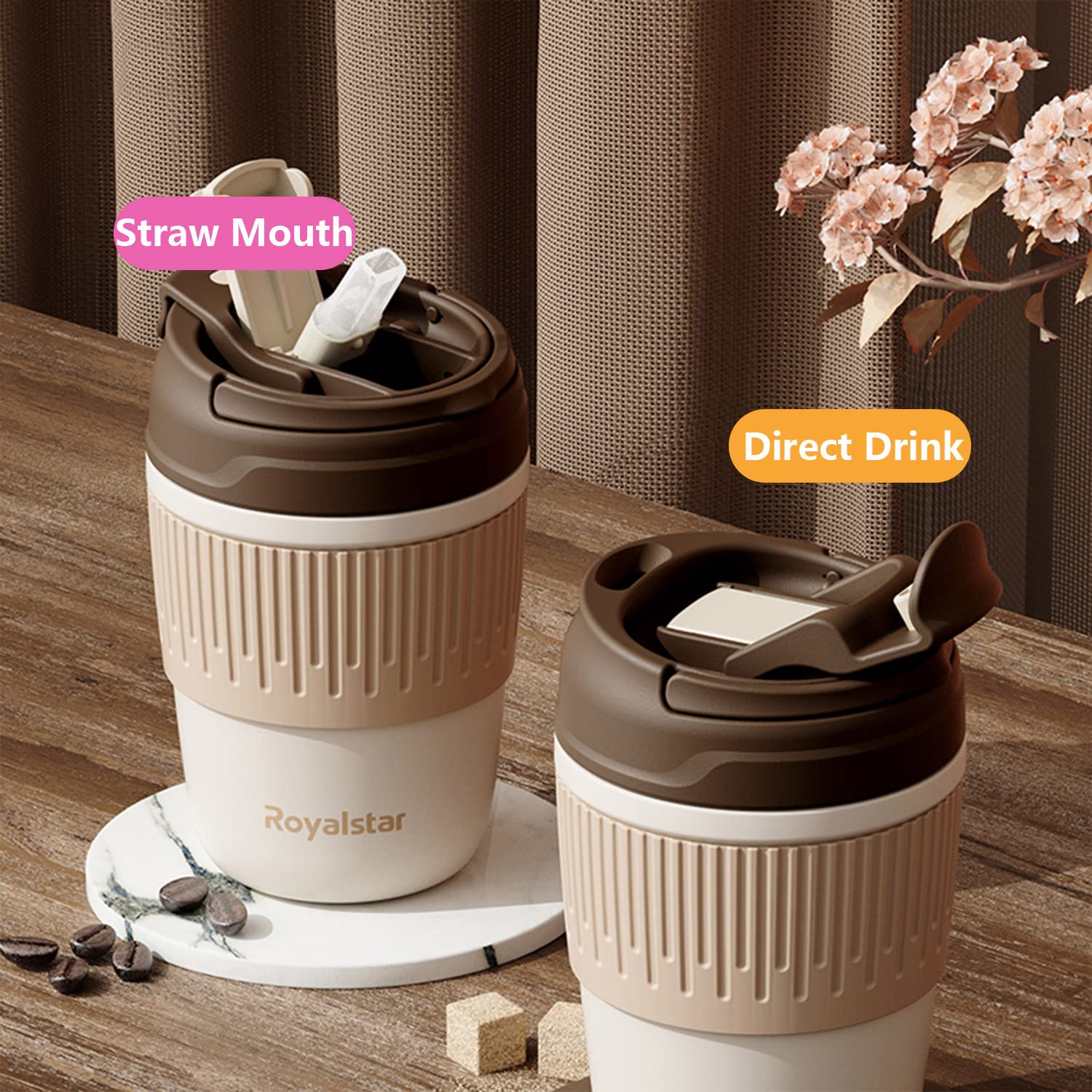 MIUGO Coffee Mug Travel Tumbler with Lid and Straw Reusable Thermos 15oz Vacuum Insulated Stainless Steel Cup 450ml Two Ways to Drink