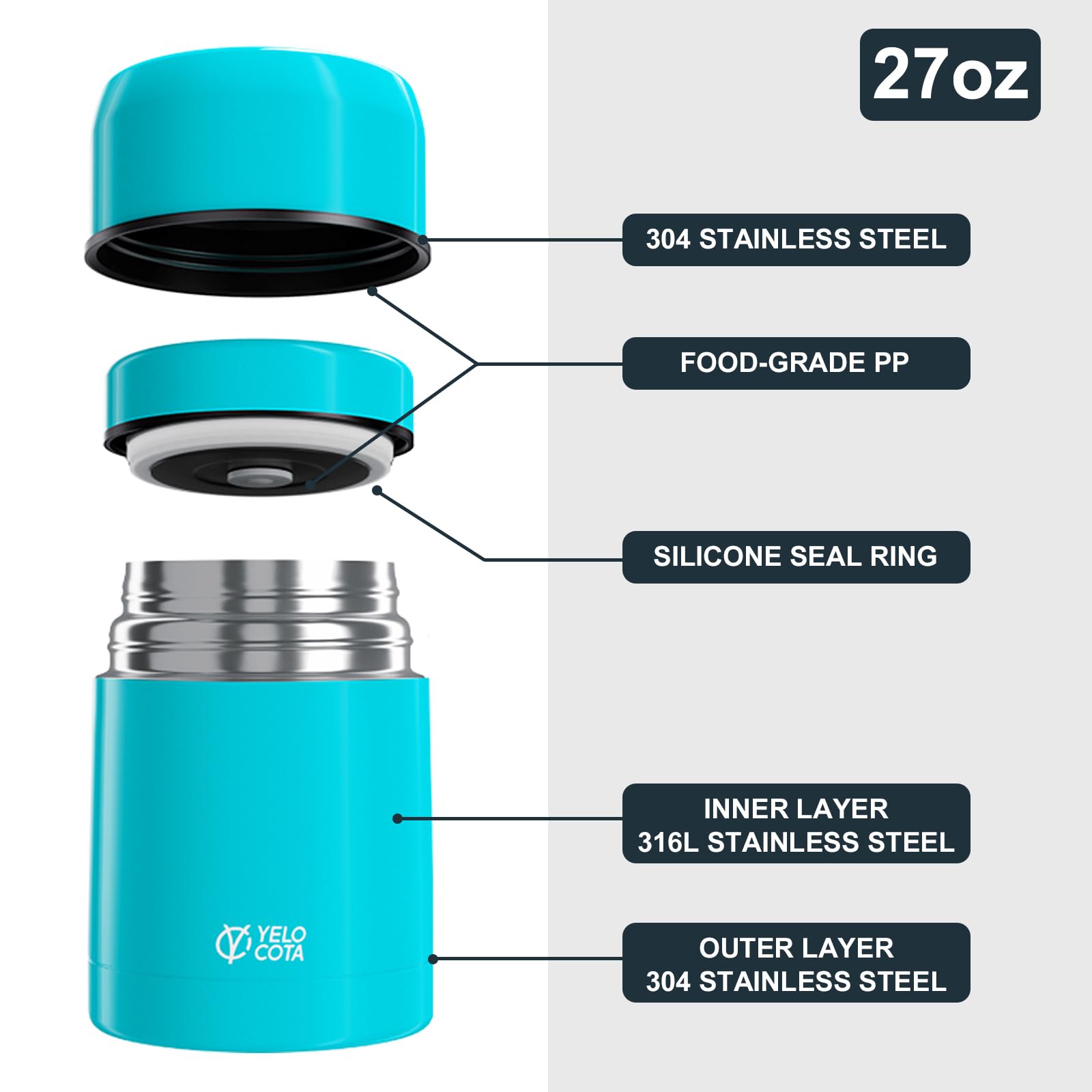 Yelocota Thermos for Hot Food,20Oz Vacuum Insulated Stainless Steel Lunch Food Containers, Wide Mouth Soup Flask for Hot Food, Leak Proof Food Jar for School Office Travel