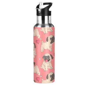 umiriko pug dog water bottle thermos with straw lid 20 oz for kids boys girls, pink heart leakproof, vacuum insulated stainless steel, double walled, thermo mug,sports bottle 20200824