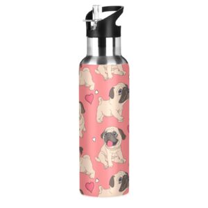 UMIRIKO Pug Dog Water Bottle Thermos with Straw Lid 20 Oz for Kids Boys Girls, Pink Heart Leakproof, Vacuum Insulated Stainless Steel, Double Walled, Thermo Mug,Sports Bottle 20200824