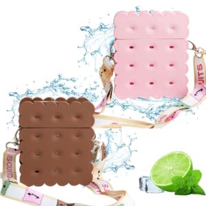 2 pieces cute water bottles with straws, creative kawaii biscuit shaped plastic leakproof juice drinking cup with adjustable shoulder strap for school outdoor camping sports (pink,coffee color)