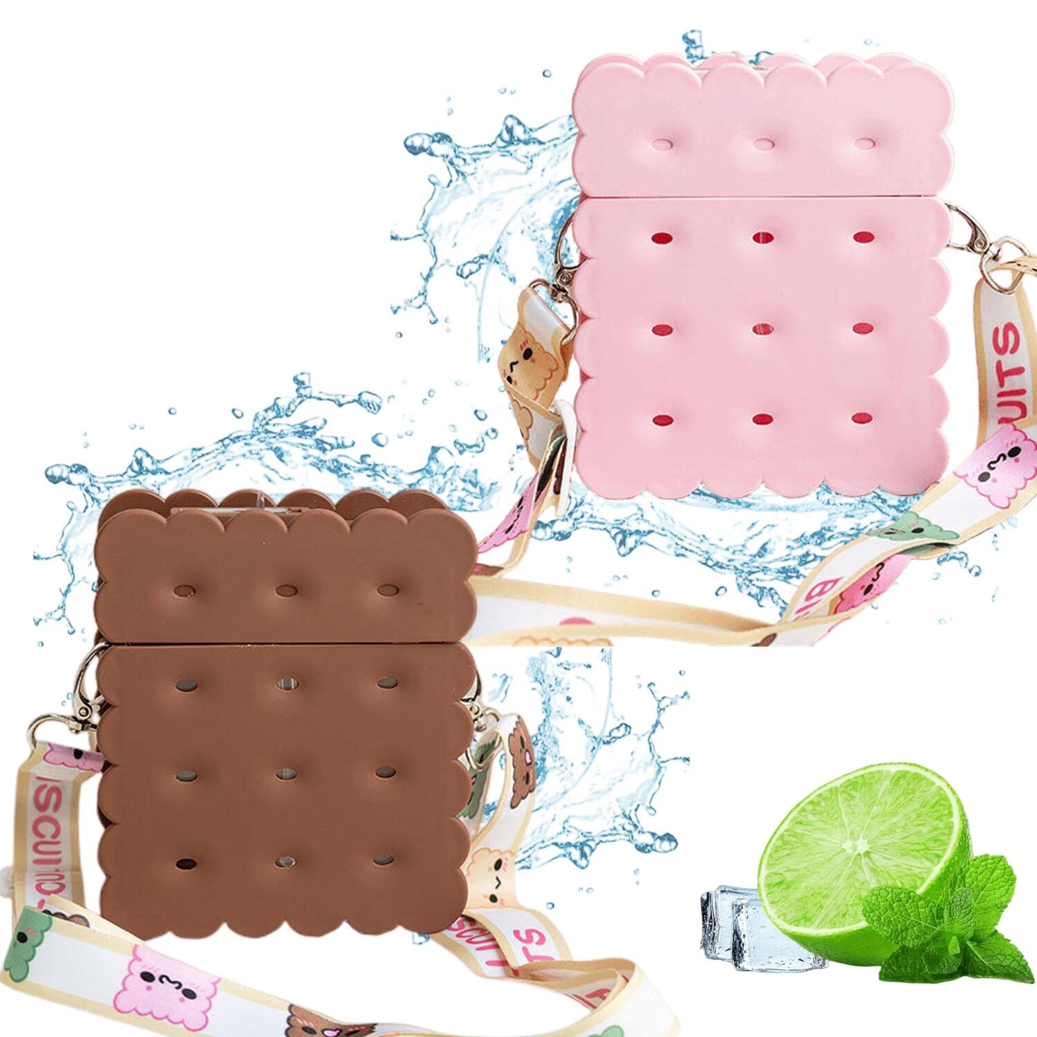 2 Pieces Cute Water Bottles with Straws, Creative Kawaii Biscuit Shaped Plastic Leakproof Juice Drinking Cup with Adjustable Shoulder Strap for School Outdoor Camping Sports (Pink,Coffee color)