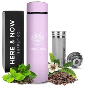 multi-purpose travel mug and tumbler | fruit infused flask | hot & cold double wall stainless steel thermos | extra long infuser | by here & now supply co. (gentle lilac)