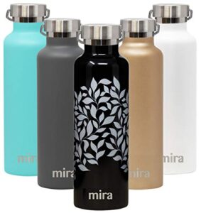 mira alpine stainless steel vacuum insulated water bottle with 2 lids, sports thermos flask keeps cold 24 hours, hot 12 hours, reusable hydro bottle - 25 oz (750 ml) jasmine leaves