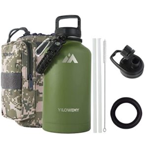 64 oz water bottle stainless steel with straws & 3 lids, double wall vacuum insulated half gallon water bottle with sleeve & carry pouch, 64oz leak proof metal thermos water jug for sport camping