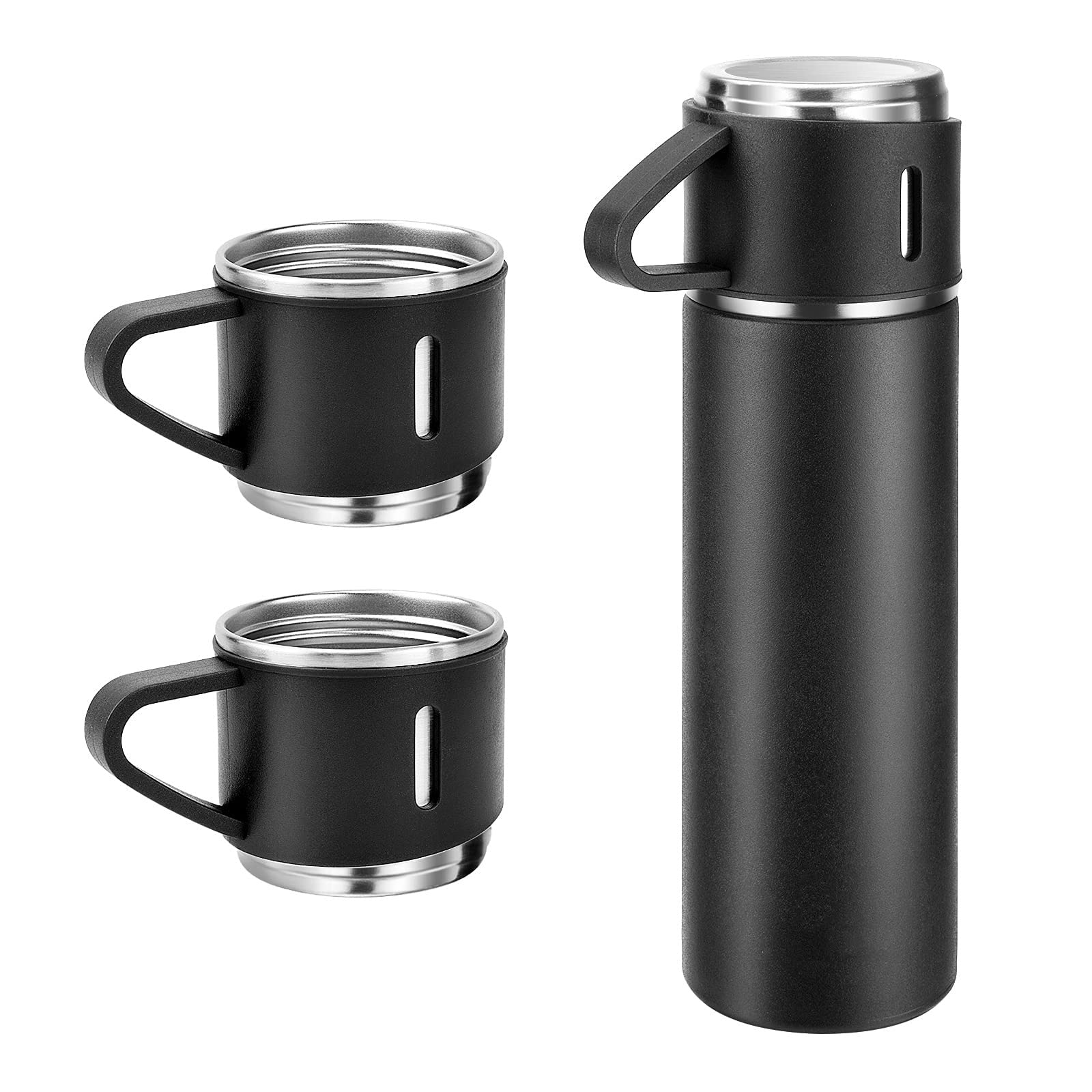 Coffee Thermos Stainless Steel Vacuum-Insulated Water Bottle, 500ml/16.9oz Insulated Bottle with Cup for Hot & Cold Drink Travel Mug (Black, Three Cup)