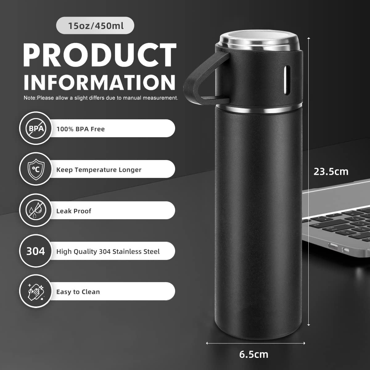 Coffee Thermos Stainless Steel Vacuum-Insulated Water Bottle, 500ml/16.9oz Insulated Bottle with Cup for Hot & Cold Drink Travel Mug (Black, Three Cup)