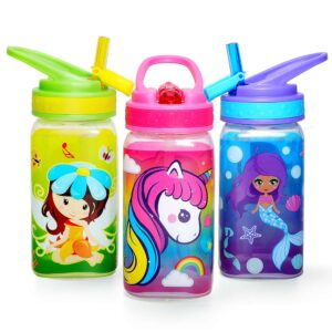 home tune 15oz kids water drinking bottle - bpa free, wide mouth, flip sip top, easy open, lightweight, leak-proof, cute design for girls & boys - 3 pack unicorn & fairy & mermaid