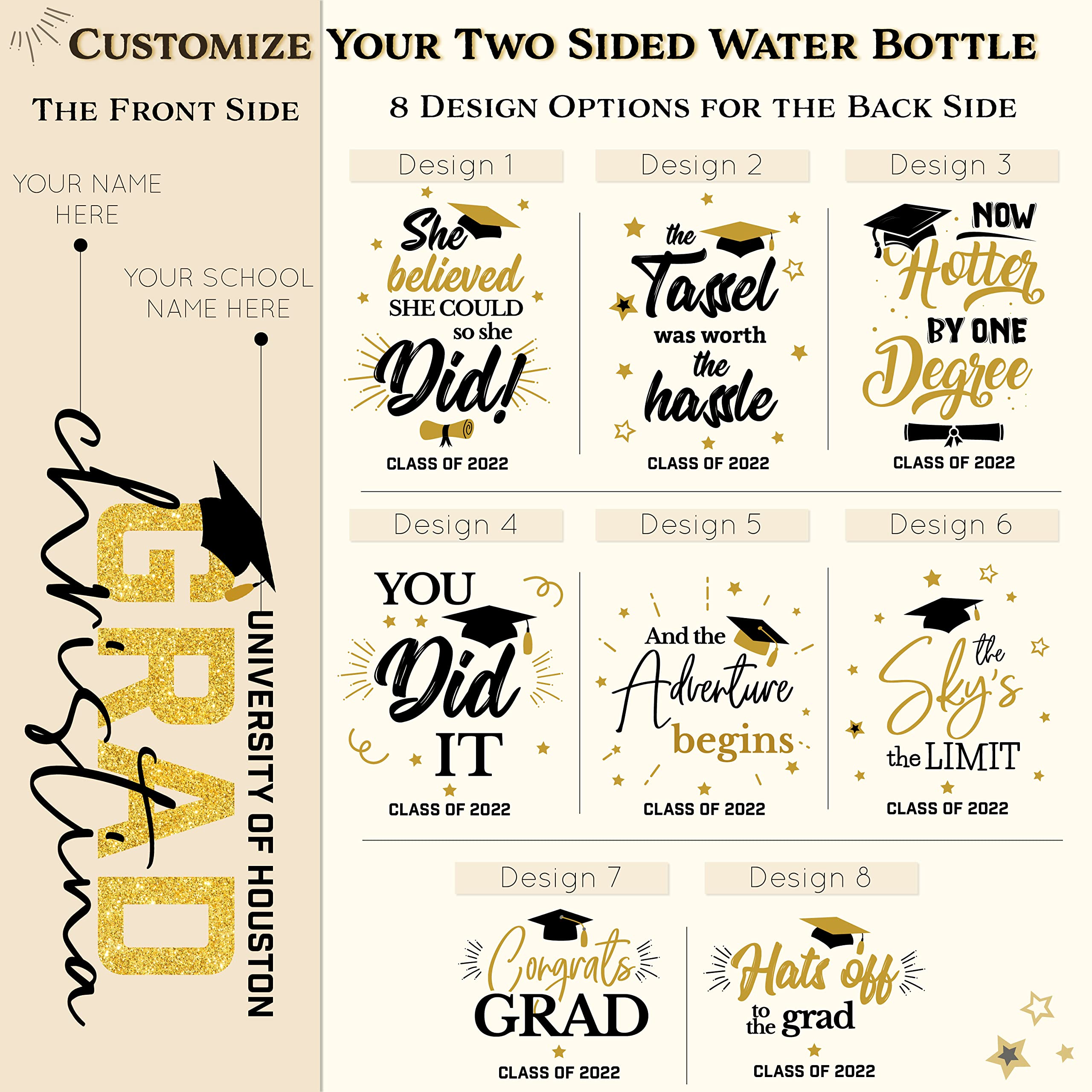 Graduation Gifts for Her, Personalized Graduation Water Bottle w/Straw Lid - 20 oz - 8 Designs - Graduation Gifts for High School, College - Class of 2023