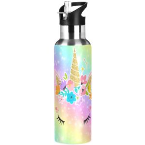 unicorn insulated water bottles kids rainbow thermos with straw lid & handle reusable vacuum stainless steel 20 oz