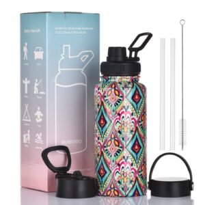 guskydo 32 oz vacuum insulated stainless steel water bottle with straw & spout lid -leak proof water bottle with times marker - hot &cold double wall thermos sports water flask (blue/pink/purple)