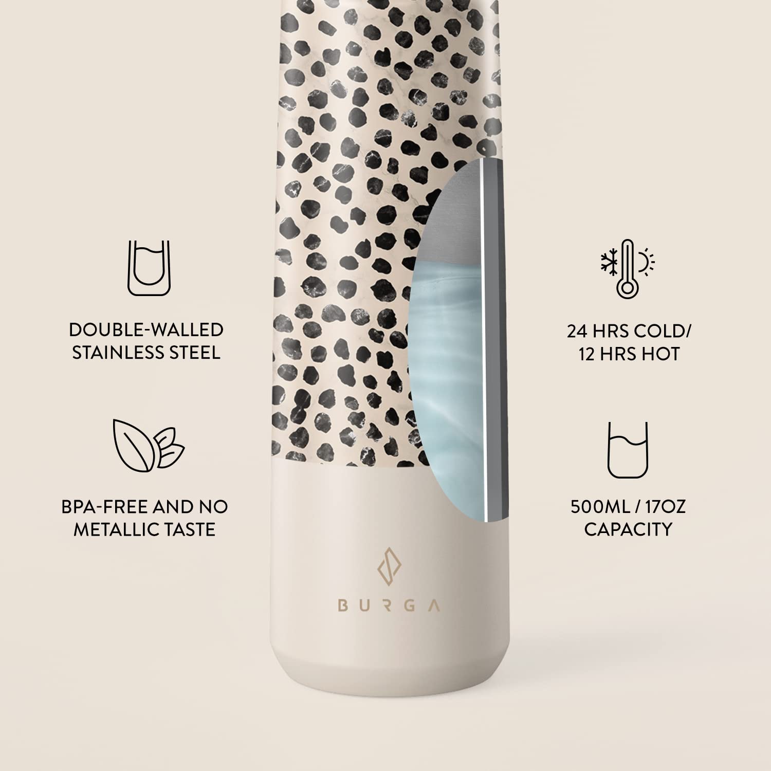 BURGA Insulated Water Bottle (17oz) – Stylish Stainless Steel Water Bottles – Durable Metal Water Bottle Stays Hot or Cold – Anti-Slip, Leak-Proof Reusable Water Bottle – Almond Latte Water Bottle