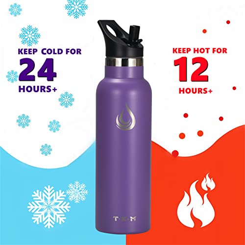 T·X·M Water Bottles Vacuum Stainless Steel Insulated Sports Water Bottle with Straw Cap & Spout Lid, Hot Cold Double Wall Leakproof Vacuum Bottle Keeps Water Cold for 24 Hours(Purple, 17 OZ)