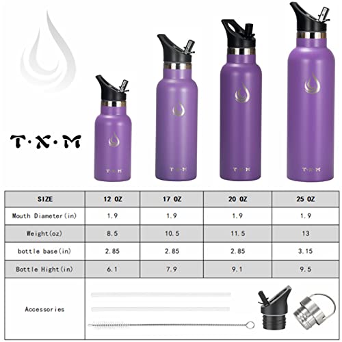 T·X·M Water Bottles Vacuum Stainless Steel Insulated Sports Water Bottle with Straw Cap & Spout Lid, Hot Cold Double Wall Leakproof Vacuum Bottle Keeps Water Cold for 24 Hours(Purple, 17 OZ)