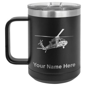 lasergram 15oz vacuum insulated coffee mug, military helicopter 1, personalized engraving included (black)