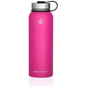 swig savvy sports water bottle, vacuum insulated stainless steel, double wall wide mouth leakproof lid - 18oz (pink)