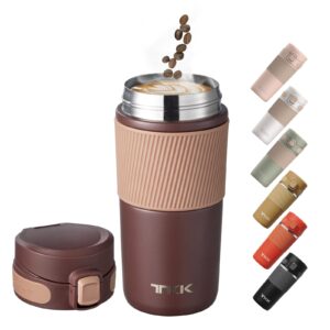 insulated coffee travel mug double wall leak-proof thermos vacuum reusable stainless steel tumbler, 15 oz, brown