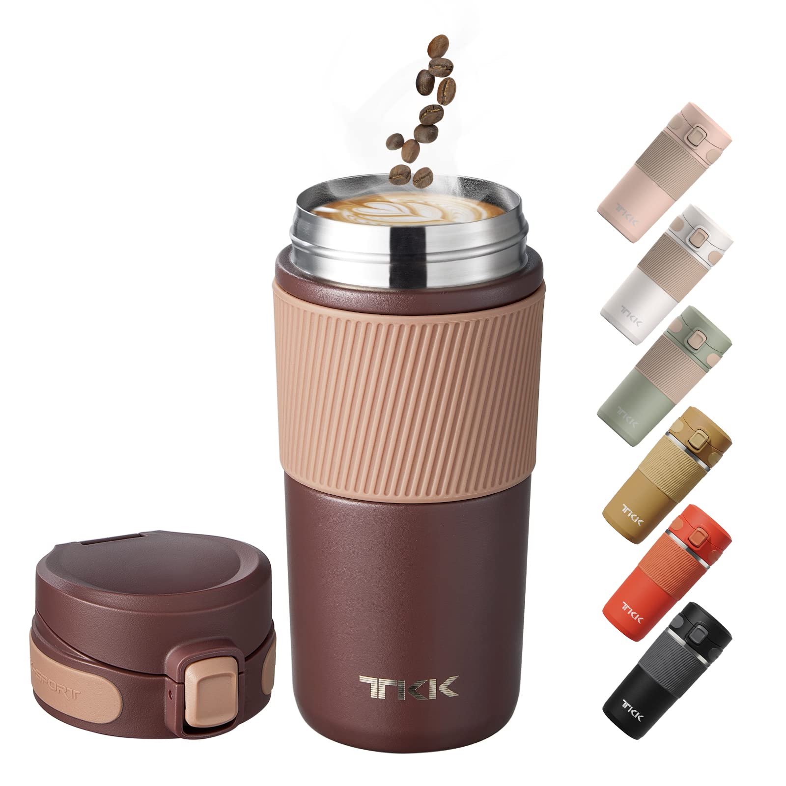 Insulated Coffee Travel Mug Double Wall Leak-Proof Thermos Vacuum Reusable Stainless Steel Tumbler, 15 oz, Brown