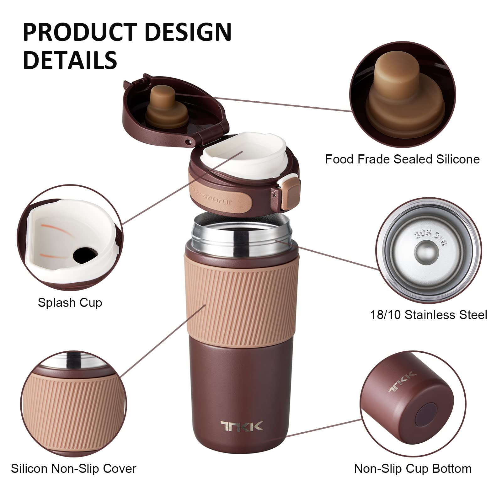 Insulated Coffee Travel Mug Double Wall Leak-Proof Thermos Vacuum Reusable Stainless Steel Tumbler, 15 oz, Brown