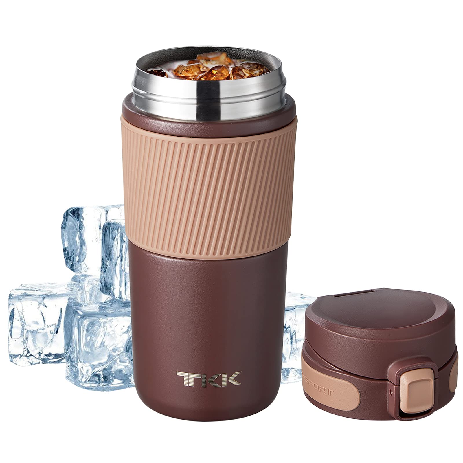 Insulated Coffee Travel Mug Double Wall Leak-Proof Thermos Vacuum Reusable Stainless Steel Tumbler, 15 oz, Brown