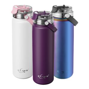 zlins 22oz insulated water bottle with dual use lid(straw sip and flip drink), leak proof stainless steel thermos cup for sports and travel, double walled vacuum flask, keep cold or hot(purple)