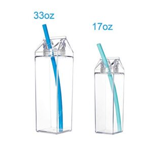 Heyworld 33 OZ Large Clear Milk Carton Water Bottle Creative Square Transparent Cup + Straw + Storage Bag