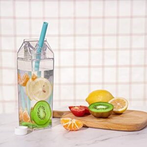 Heyworld 33 OZ Large Clear Milk Carton Water Bottle Creative Square Transparent Cup + Straw + Storage Bag