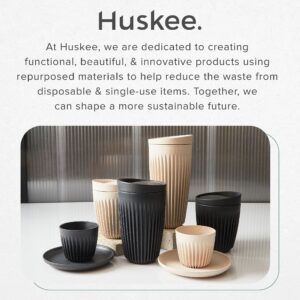 HUSKEE Coffee Cups with Lids - Reusable Coffee Cup with Unique Fins for Espresso, Cappuccino, Americano, Mocha - Insulated & Portable Latte Cups Made with Repurposed Coffee Husks (Charcoal, 8oz)