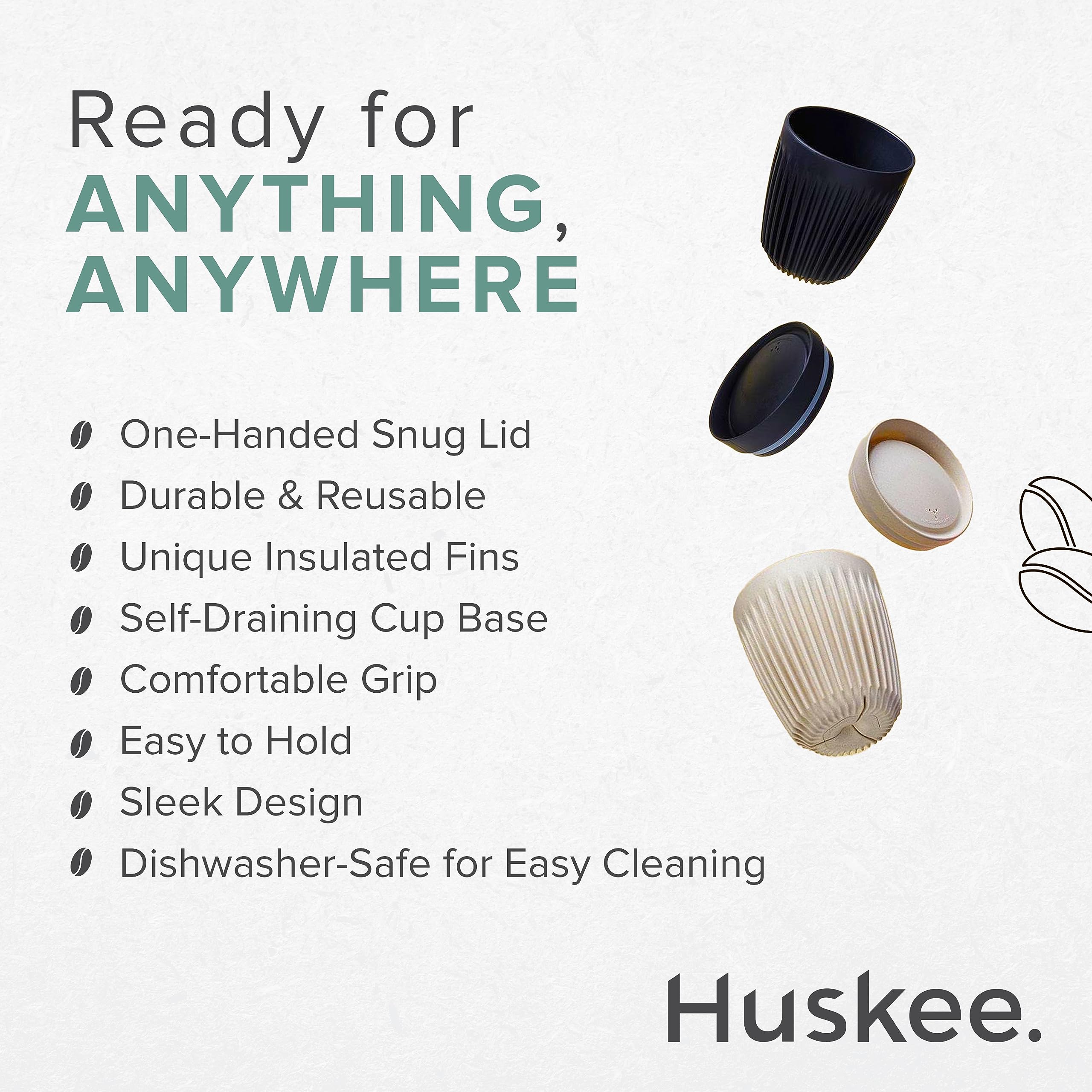 HUSKEE Coffee Cups with Lids - Reusable Coffee Cup with Unique Fins for Espresso, Cappuccino, Americano, Mocha - Insulated & Portable Latte Cups Made with Repurposed Coffee Husks (Charcoal, 8oz)