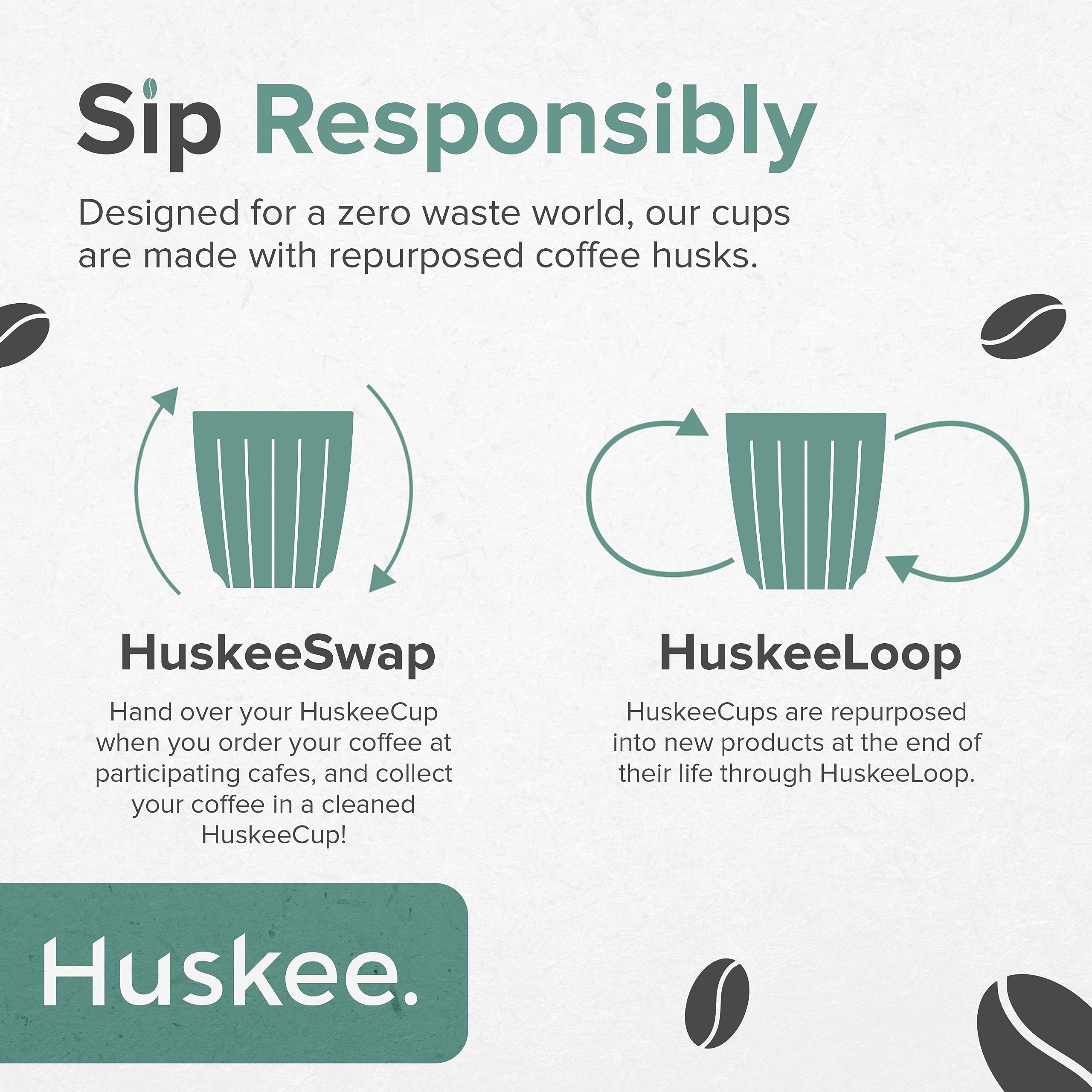 HUSKEE Coffee Cups with Lids - Reusable Coffee Cup with Unique Fins for Espresso, Cappuccino, Americano, Mocha - Insulated & Portable Latte Cups Made with Repurposed Coffee Husks (Charcoal, 8oz)