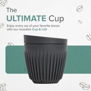 HUSKEE Coffee Cups with Lids - Reusable Coffee Cup with Unique Fins for Espresso, Cappuccino, Americano, Mocha - Insulated & Portable Latte Cups Made with Repurposed Coffee Husks (Charcoal, 8oz)