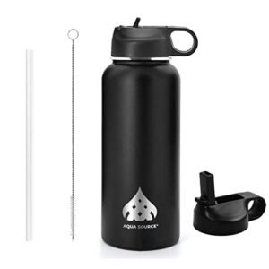 aqua source water bottle- 32 oz, leak proof, vacuum insulated stainless steel, double walled (black)