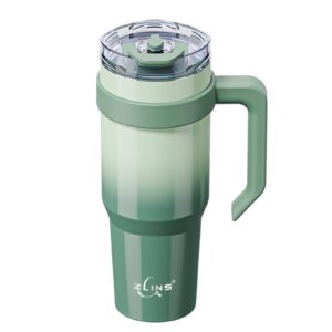 zlins 40 oz tumbler with handle lid and straw, vacuum insulated cup, leak proof stainless steel coffee travel mug, reusable, keeps cold or hot for hours(green ombre)