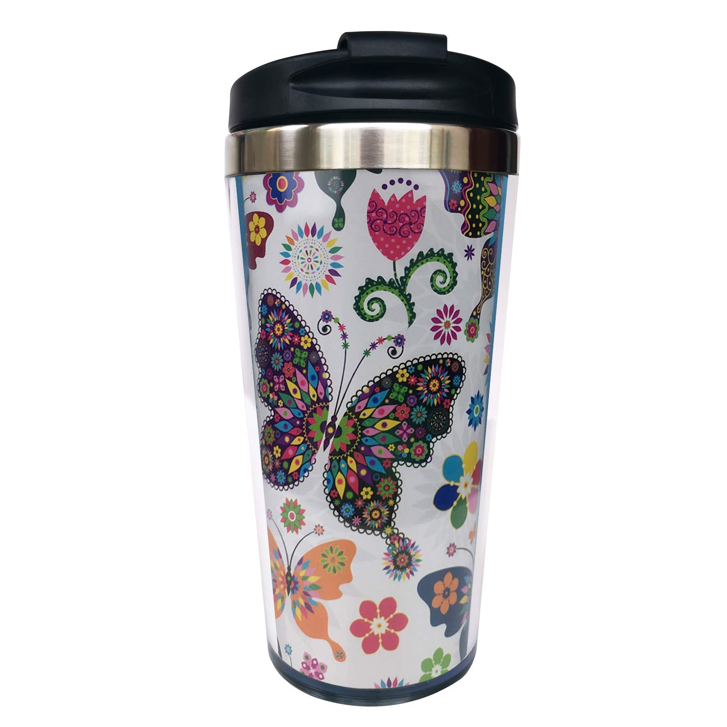 NVJUI JUFOPL Women Butterflies Flowers Travel Coffee Mug 15 oz, With Flip Lid, Stainless Steel, Water Bottle Cup for Mom Aunt Girl