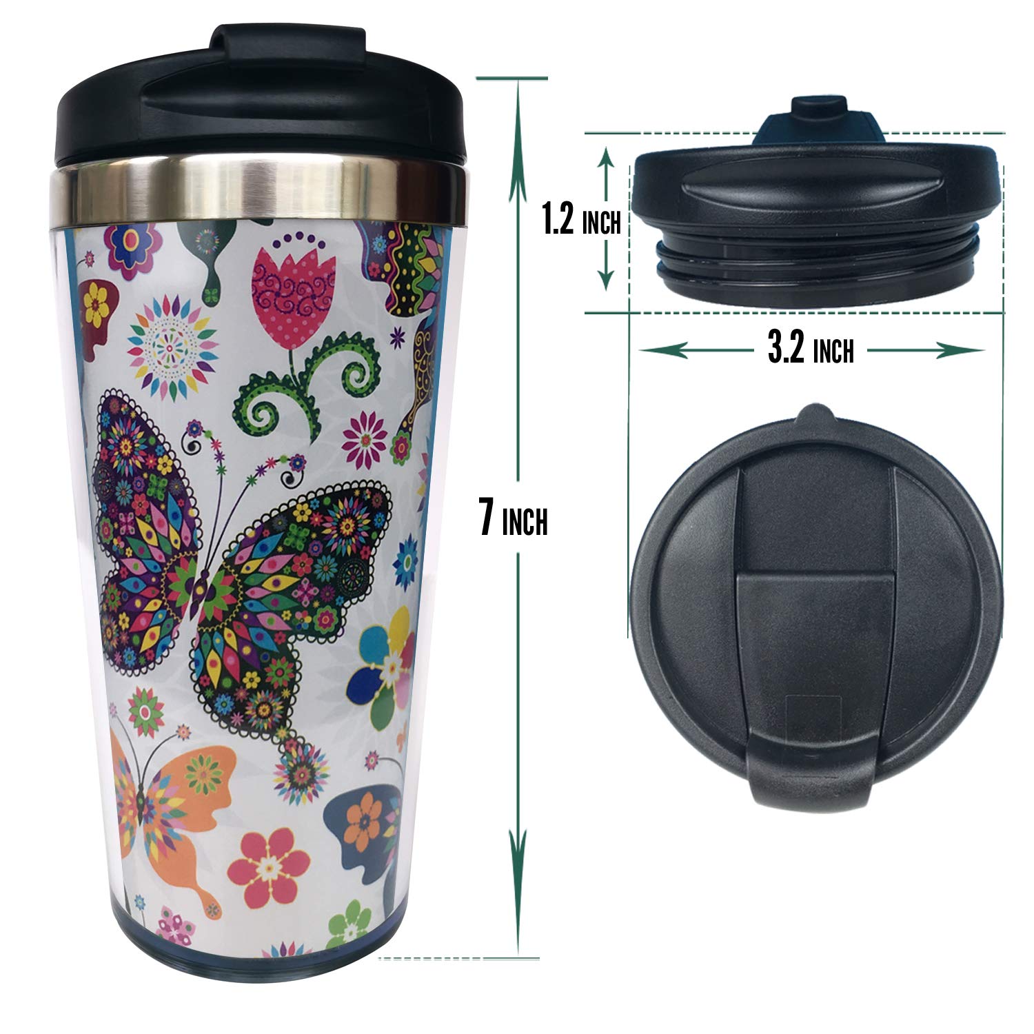 NVJUI JUFOPL Women Butterflies Flowers Travel Coffee Mug 15 oz, With Flip Lid, Stainless Steel, Water Bottle Cup for Mom Aunt Girl