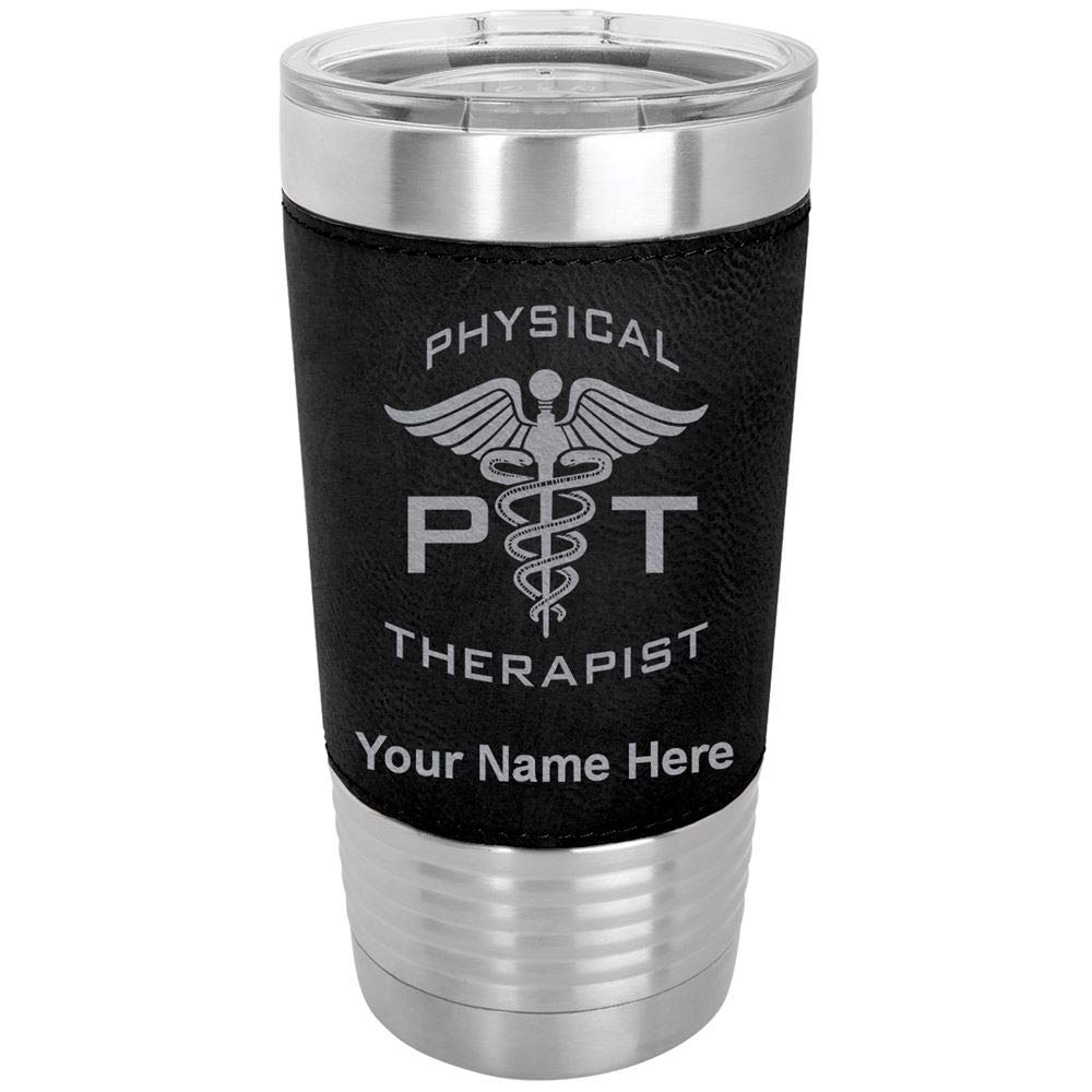 LaserGram 20oz Vacuum Insulated Tumbler Mug, PT Physical Therapist, Personalized Engraving Included (Faux Leather, Black)