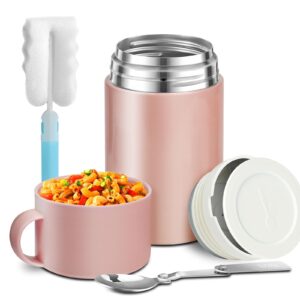 Baokai Insulated Food Jar 18 oz, Leak Proof Soup Thermos for Kids Adults, Stainless Steel Thermal Lunch Container for Hot Food with Folding Spoon for School Office Camping Picnic Travel - Pink