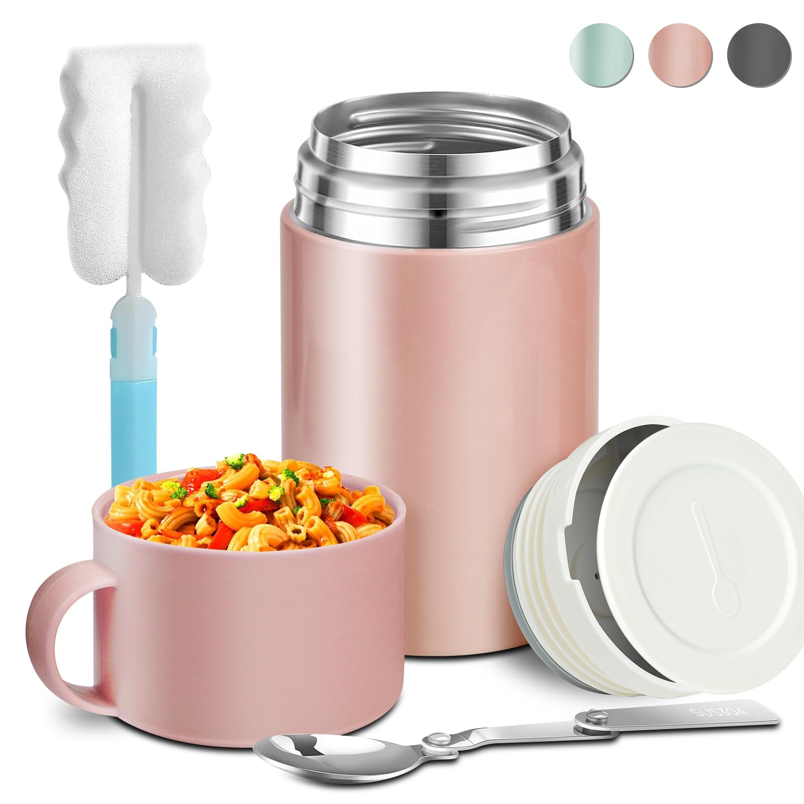 Baokai Insulated Food Jar 18 oz, Leak Proof Soup Thermos for Kids Adults, Stainless Steel Thermal Lunch Container for Hot Food with Folding Spoon for School Office Camping Picnic Travel - Pink