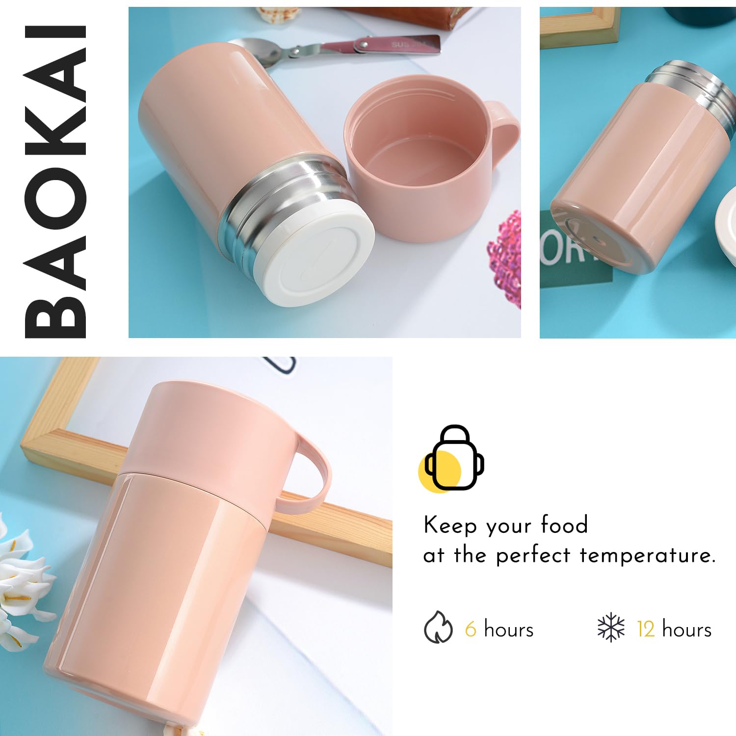 Baokai Insulated Food Jar 18 oz, Leak Proof Soup Thermos for Kids Adults, Stainless Steel Thermal Lunch Container for Hot Food with Folding Spoon for School Office Camping Picnic Travel - Pink