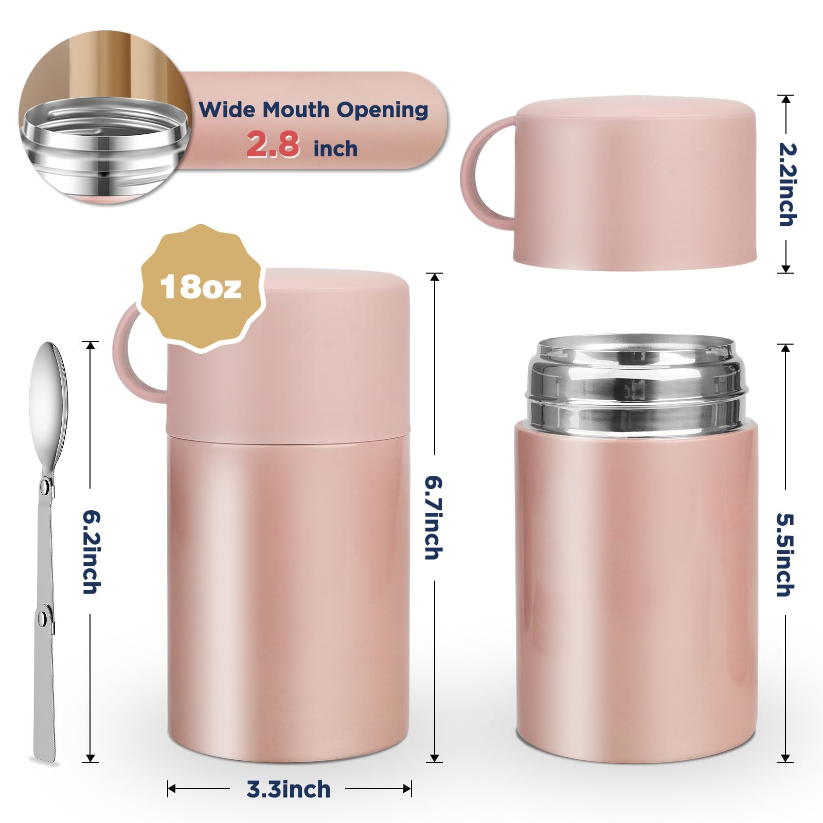 Baokai Insulated Food Jar 18 oz, Leak Proof Soup Thermos for Kids Adults, Stainless Steel Thermal Lunch Container for Hot Food with Folding Spoon for School Office Camping Picnic Travel - Pink