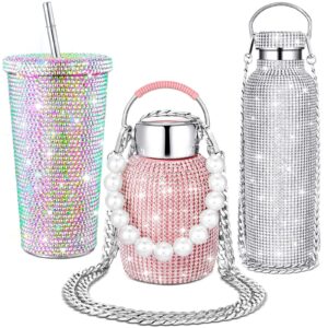 irenare 3 pieces diamond water bottle rhinestone water bottle glitter tumbler thermal with chain bling cups with lids rhinestones stainless steel thermal for women girl, 25 oz, 25 oz, 17 oz
