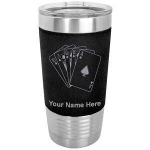 lasergram 20oz vacuum insulated tumbler mug, royal flush poker cards, personalized engraving included (faux leather, black)